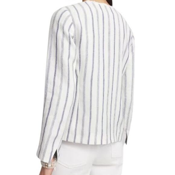 Chico's Size 0 (S/4) Stripe Linen Frayed Open Front Jacket Lined Career Wear - Picture 3 of 12